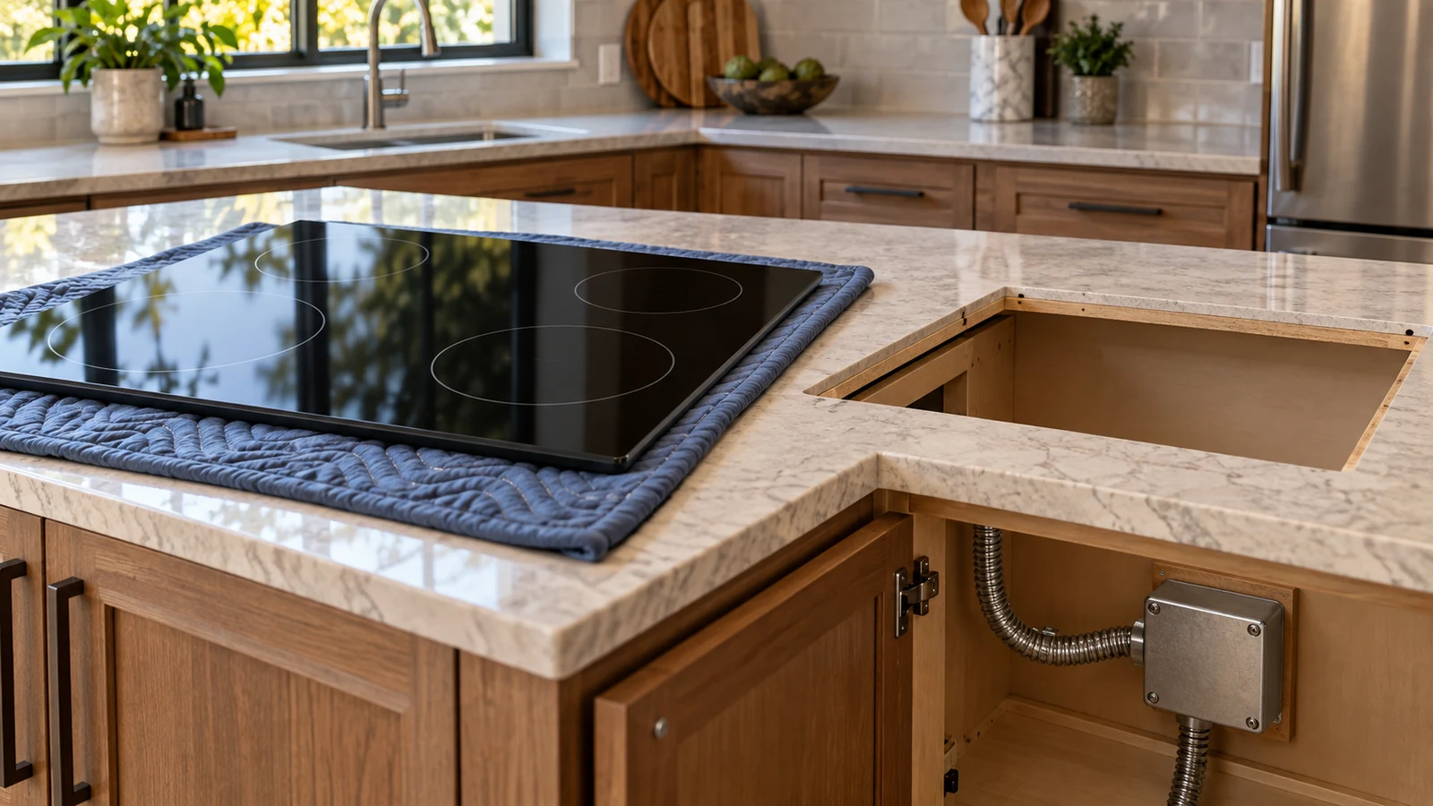 Empava IDC36 cooktop: A black cooktop rests beside a countertop cutout above an open cabinet with metal conduit and a junction box.