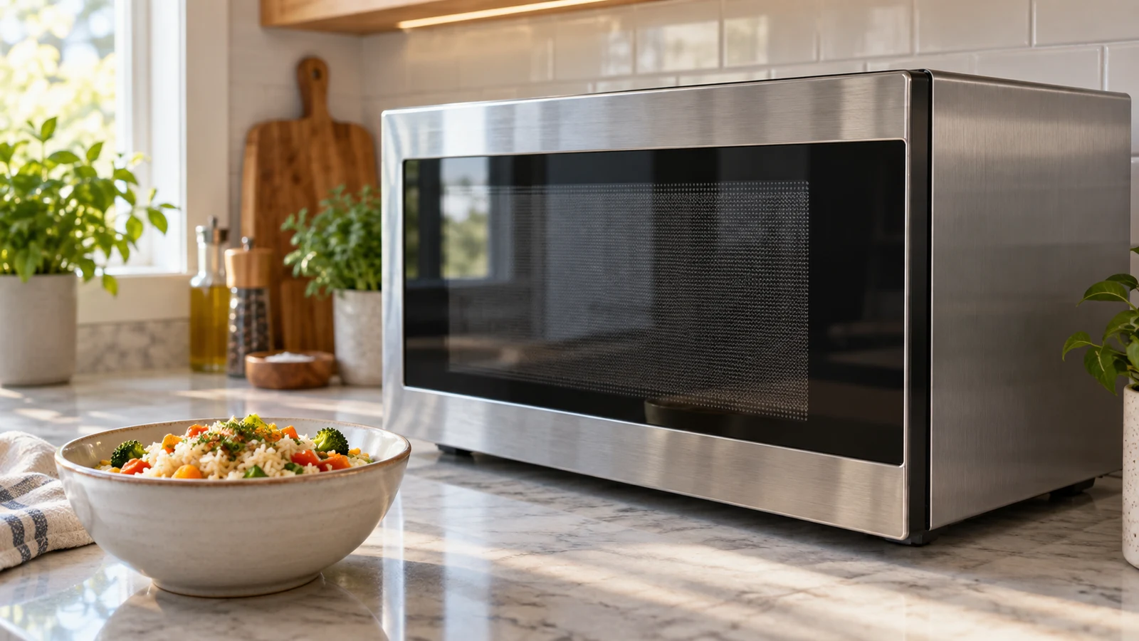 Magic Chef microwave MCM1611ST: An unbranded stainless steel microwave stands beside a bowl of rice and vegetables on a kitchen counter.