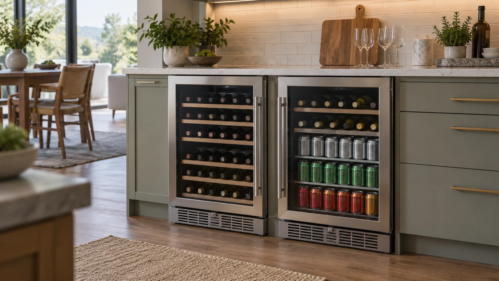 For Whynter BSR-046DW dual-zone wine refrigerator, weigh shelf layout, temperature controls, door access, and under-counter fit.
