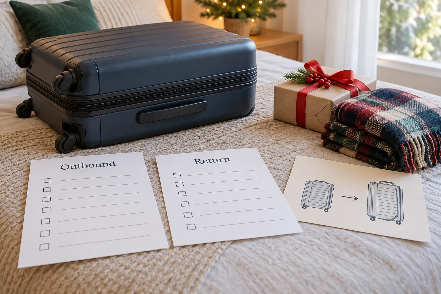Holiday carry-on return packing compares the outbound plan with a separate homebound load and expansion-state checklist.