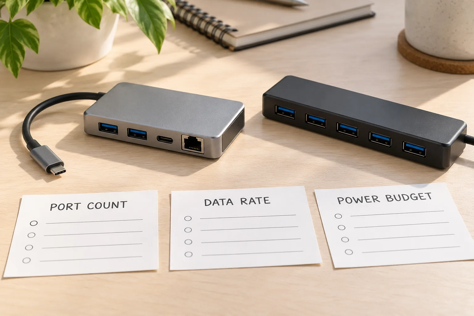 USB hub numbers explained through separate connection counts, data-interface labels and shared power-budget notes beside two generic hubs.
