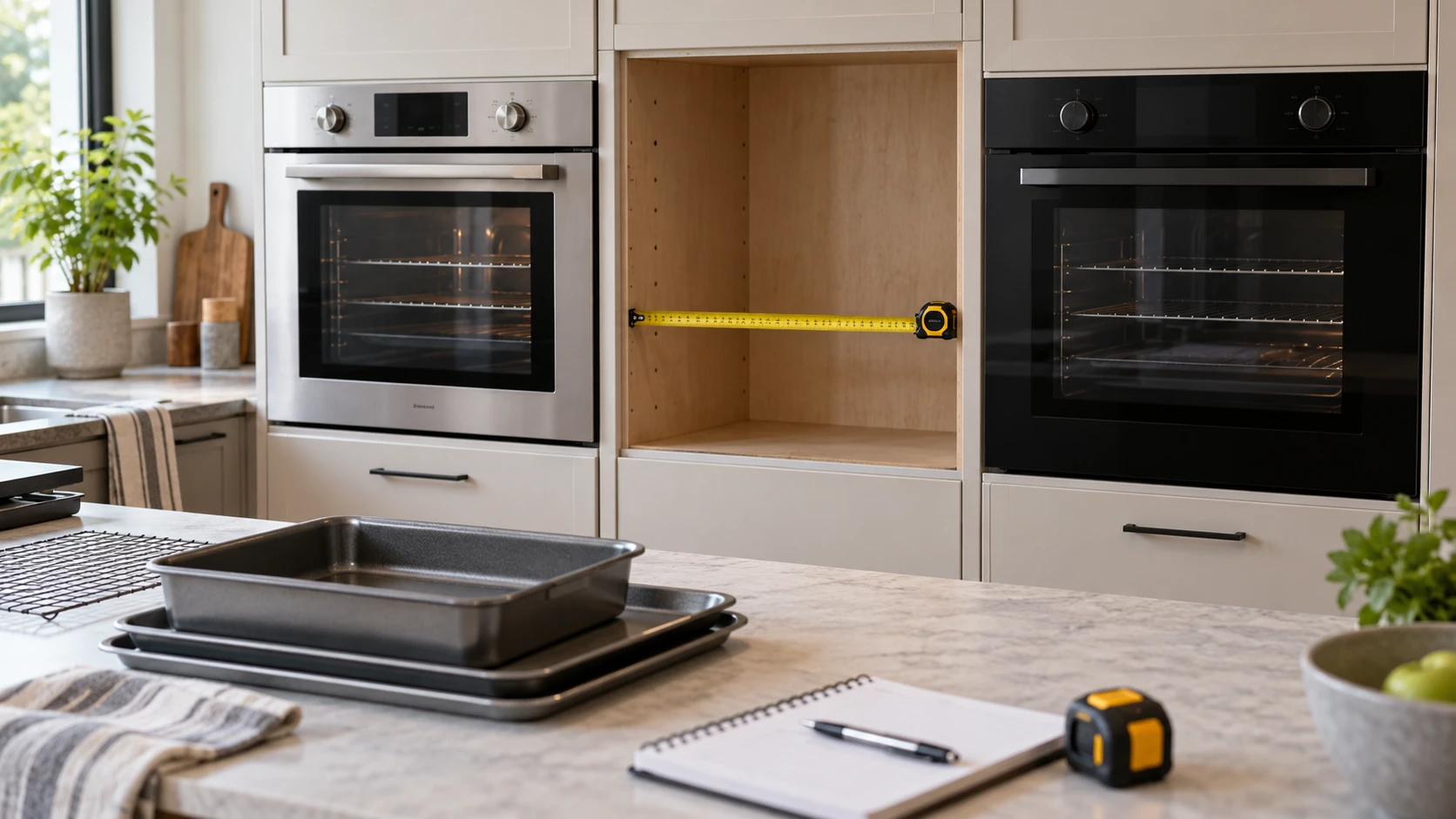 For amzchef 70L wall oven, weigh cabinet cutout, capacity, electrical needs, controls, cooking modes, cleaning, and source discrepancies.