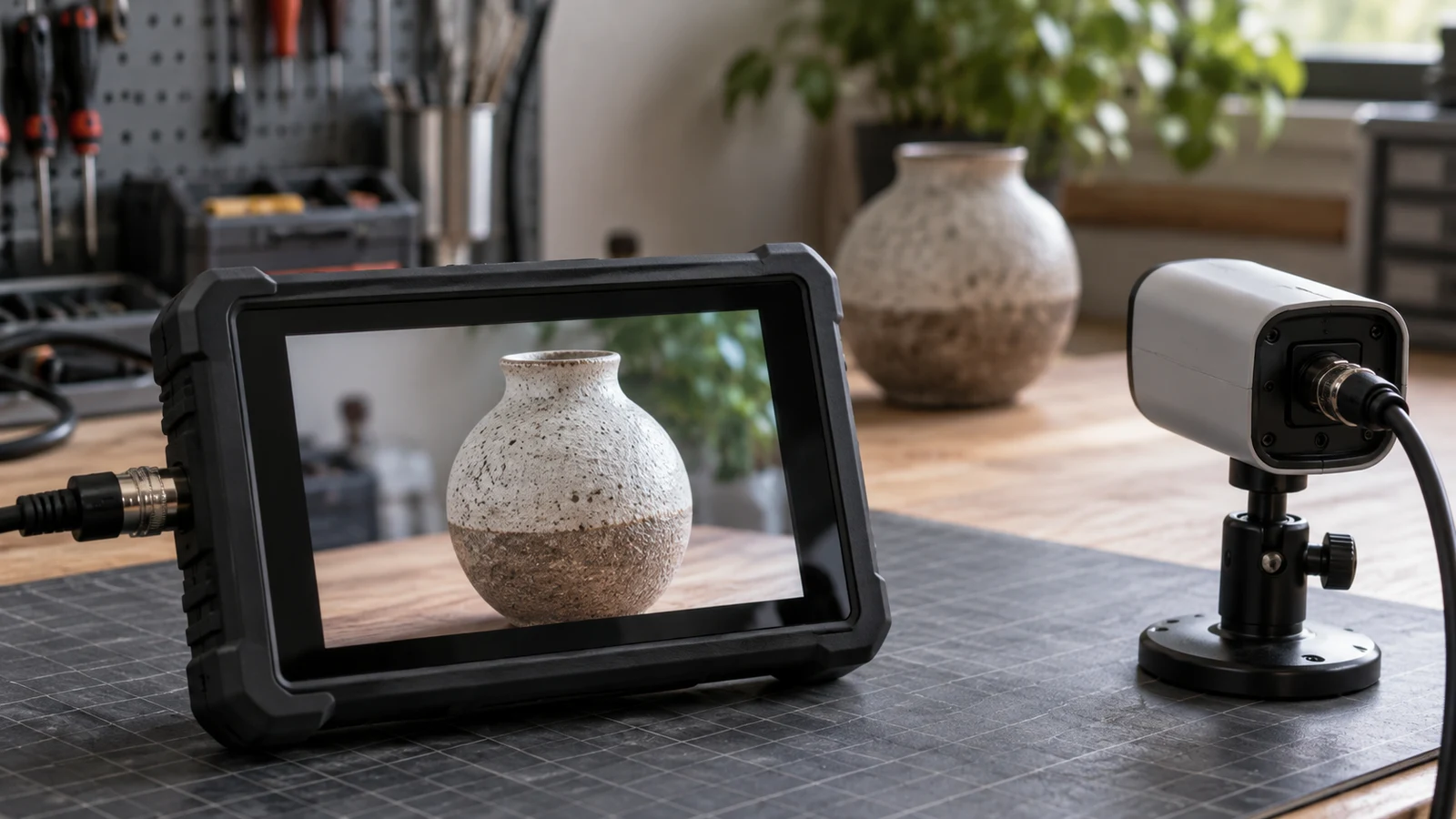 camera tester display resolution: A rugged monitor shows a ceramic vase beside a camera on a workbench.