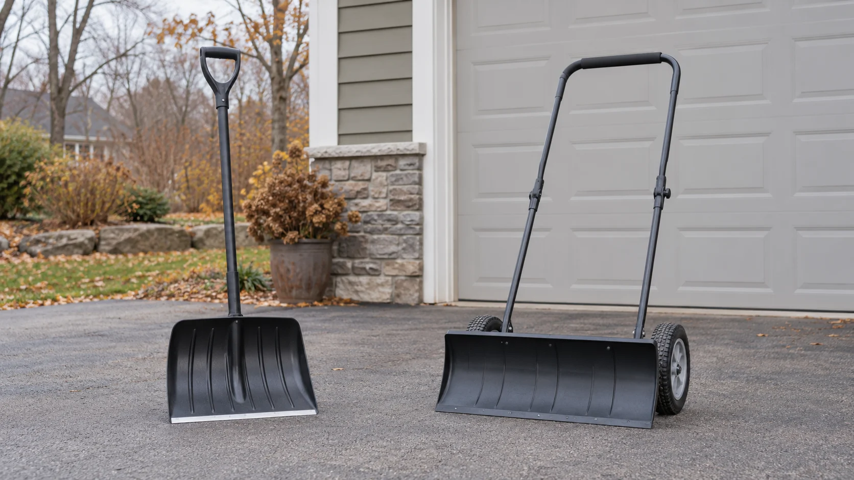 Before the first snow, a complete generic shovel and wheeled snow pusher stand inactive on dry pavement outside a late-autumn garage.
