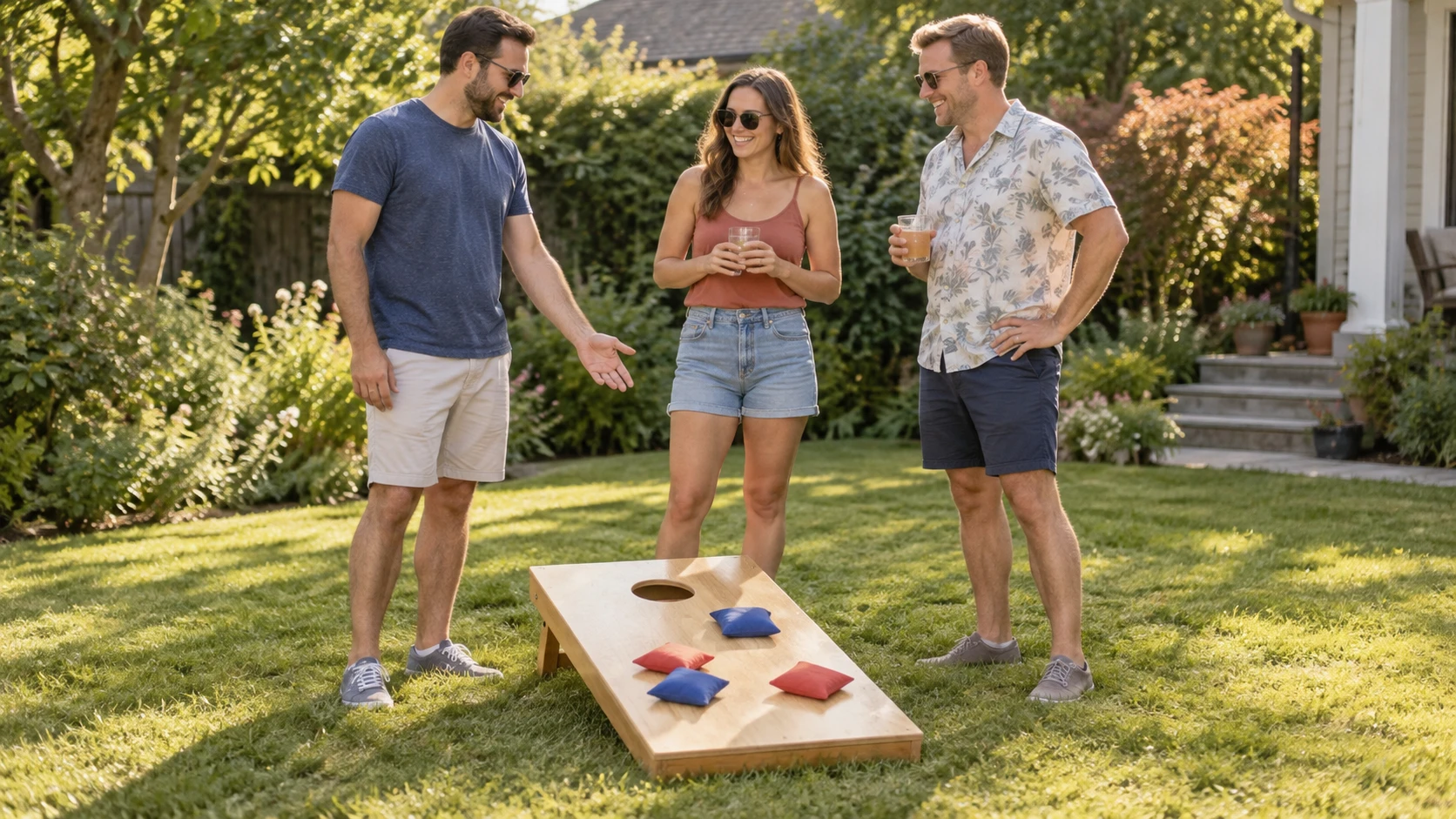 Summer cornhole gathering with three adults beside a whole generic board and resting red and blue bags.