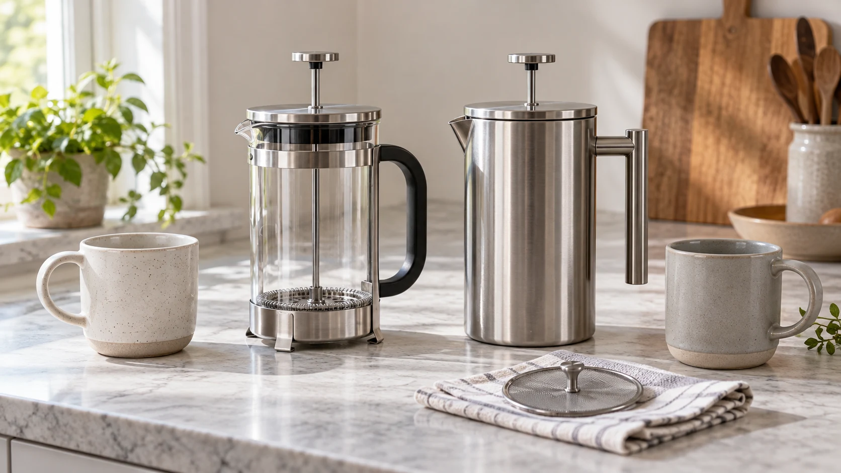 French press capacity and filters represented by generic glass and steel presses, empty mugs and a separate mesh component on a kitchen counter; not exact Buyfun models or a supplied-parts, capacity or performance claim.