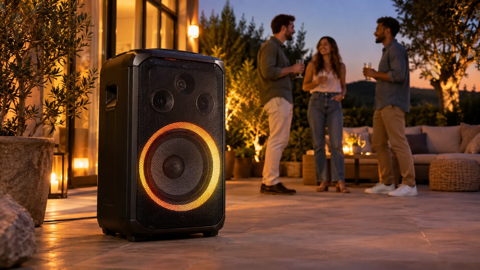 Philips TAX420737 party speaker: A black speaker with an amber light ring stands near three adults on a patio.