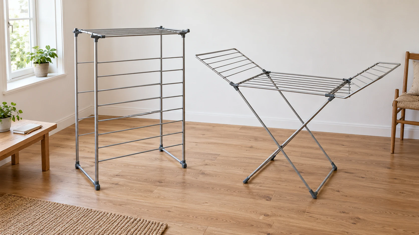 A shared laundry drying rack routine illustrated with two whole generic empty racks and a blank notebook in a simple household room.