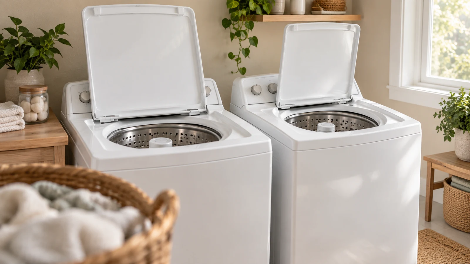 Element EATW2537CW: Two white top-loading washers with open lids stand beside a window in a laundry room.