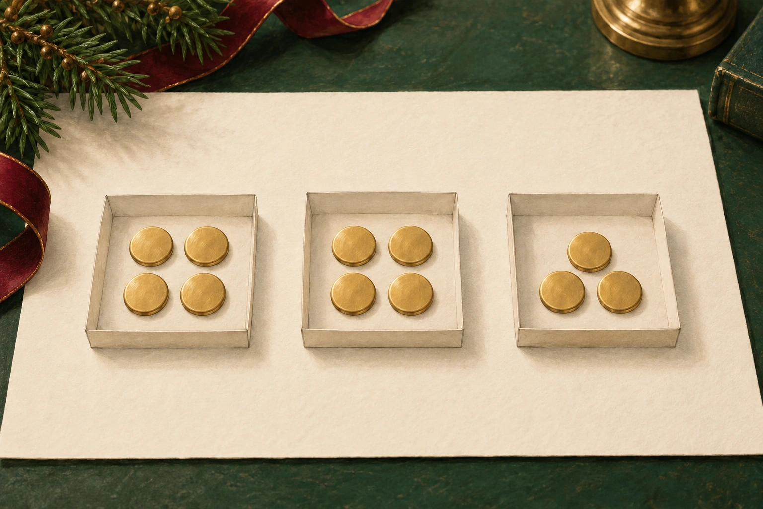 Holiday counter allocation balances fictional integer tray counts to minimize a declared squared-load score.