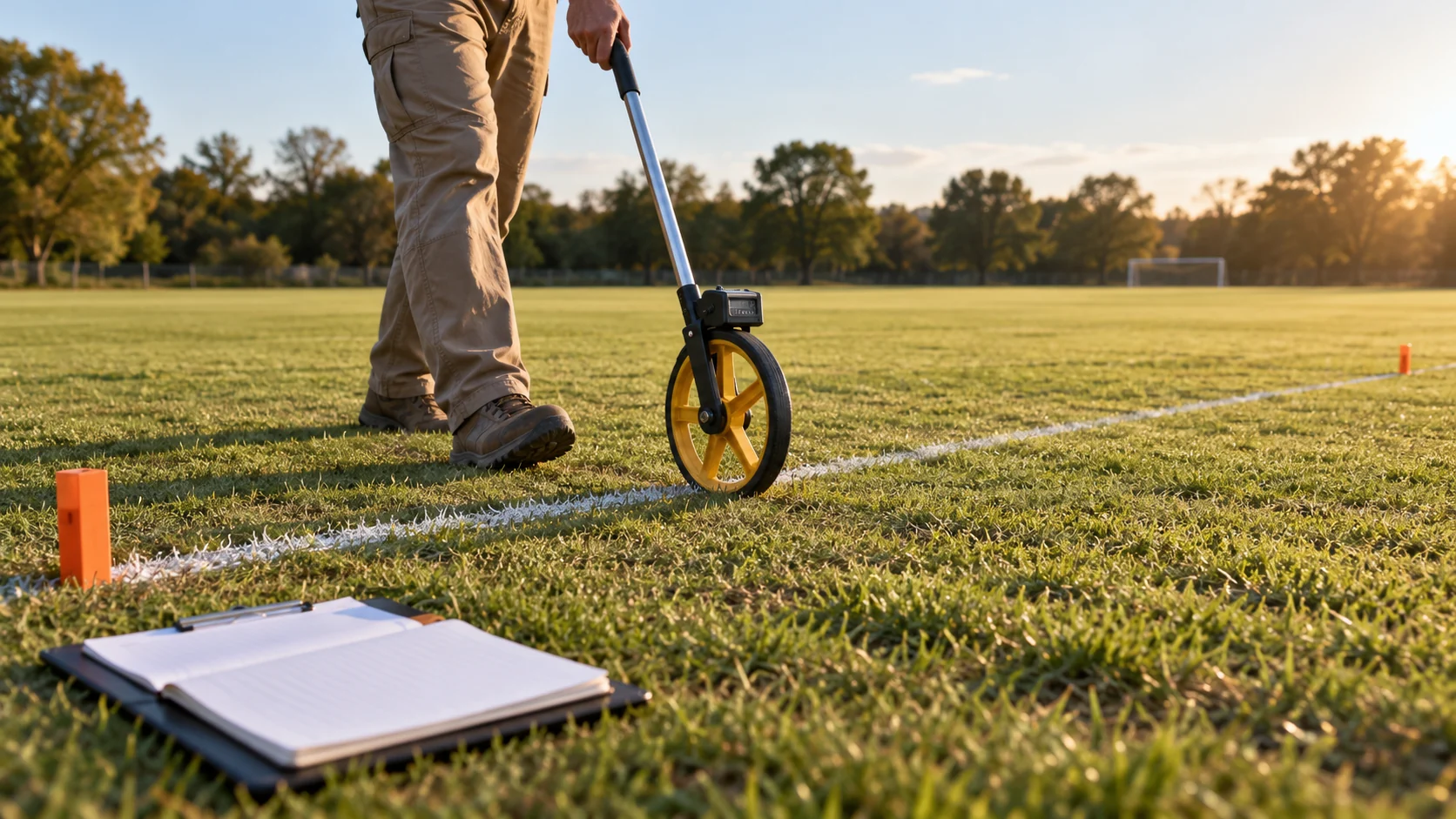 A demonstration of how to use a measuring wheel for a marked field pass: a person rolls the wheel along a chalk line between two markers, with a notebook ready for the result