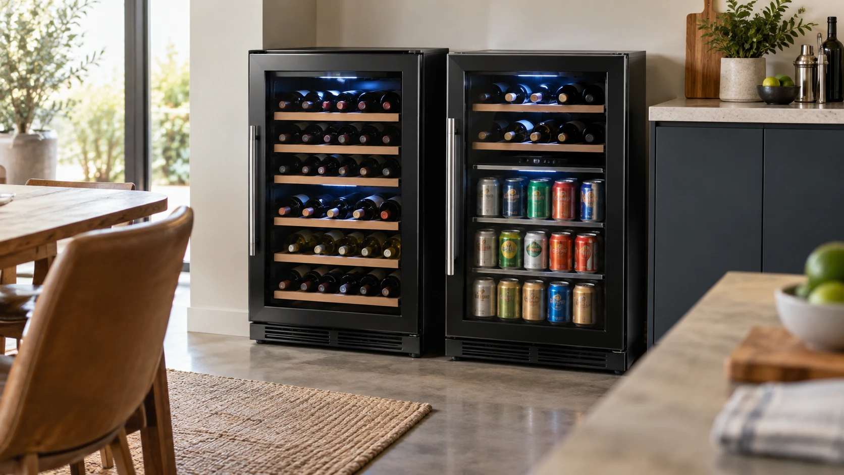 For NutriChef PKCWCDS278 dual-zone wine cooler, weigh wine-bottle claims, beverage-can space, temperature controls, installation, racks, and unanswered specifications.