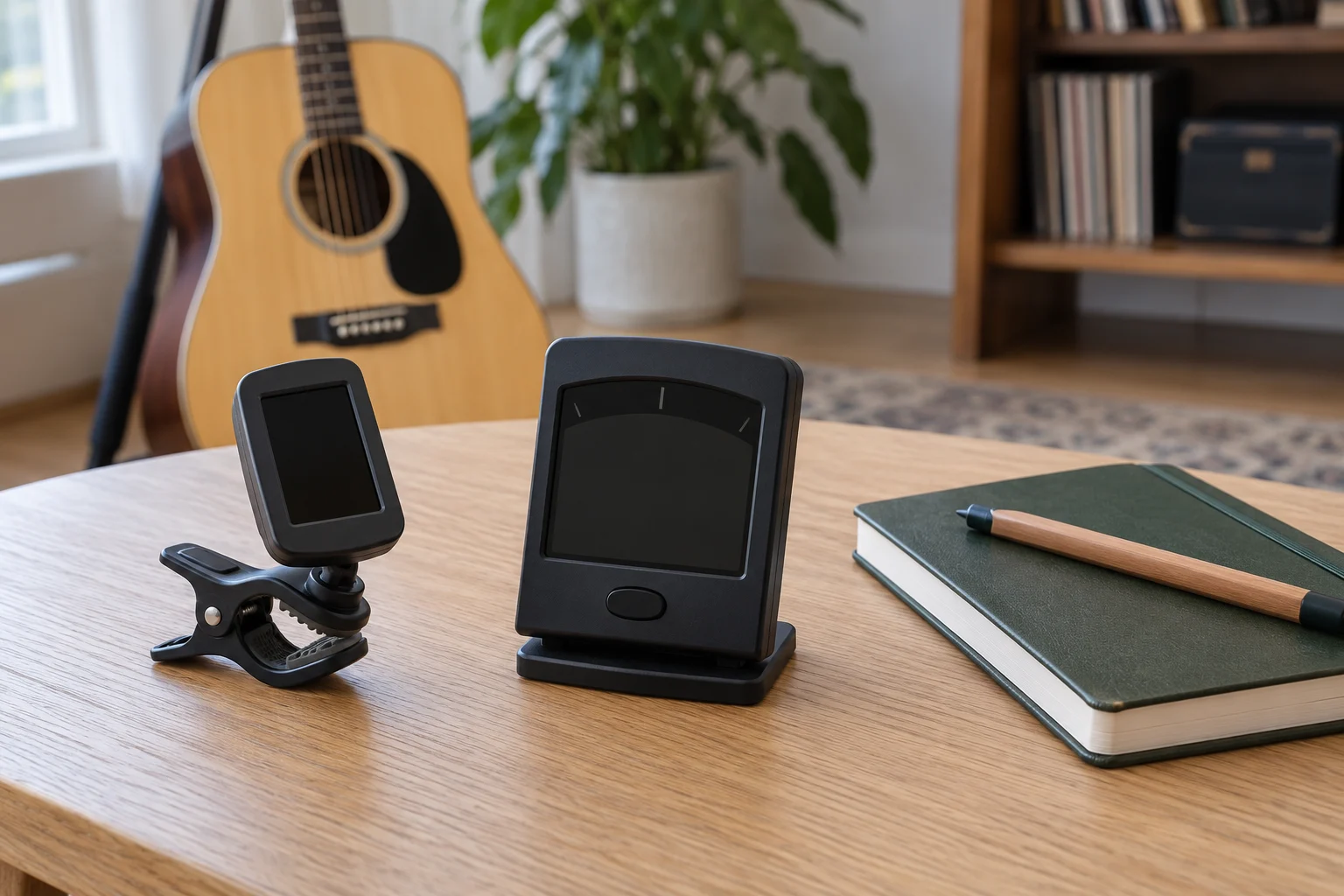 Guitar tuner readings illustrated by whole generic inactive clip-on and tabletop tuners with blank screens in a music practice room.