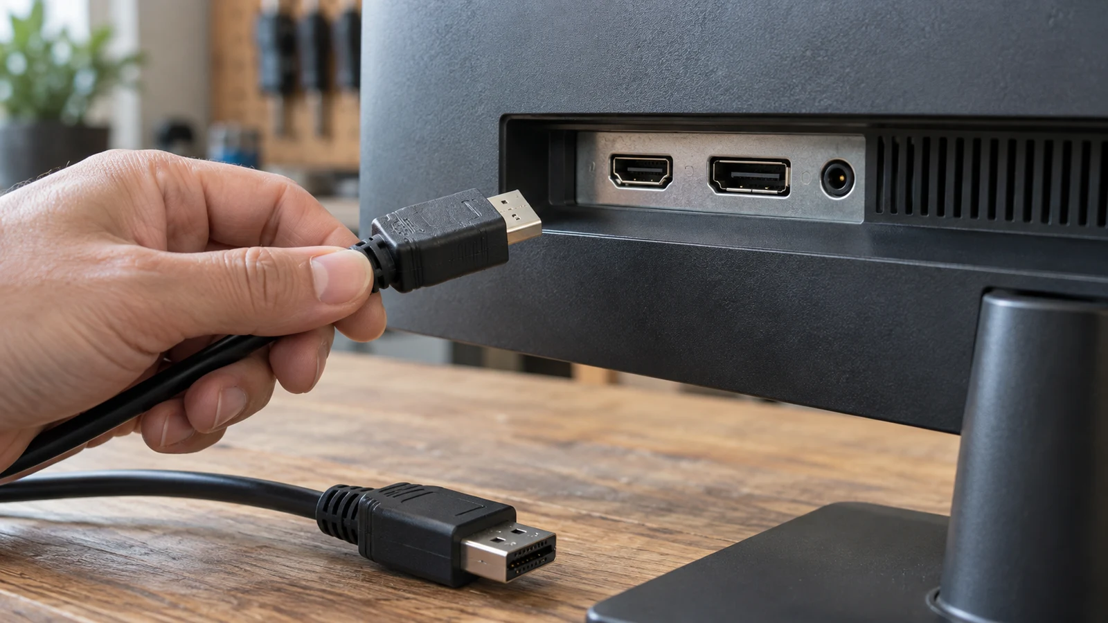 display connections: A hand holds a cable connector beside rear monitor ports above a wooden workbench.