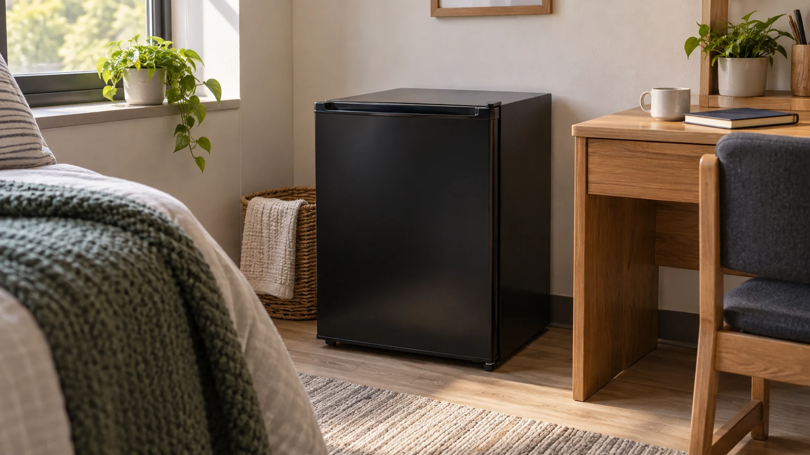 Emerson CR0045B compact refrigerator: A black mini fridge stands between a bed and a wooden desk.