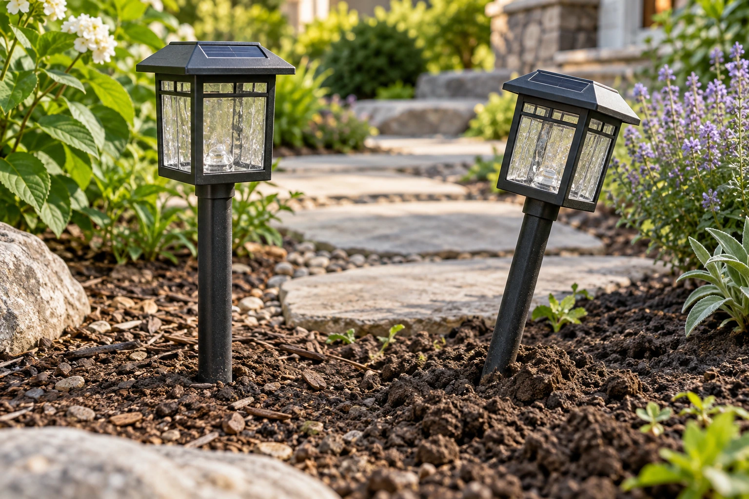 solar pathway light stake stability illustrated by an upright path light beside a second light leaning at its loose soil base.