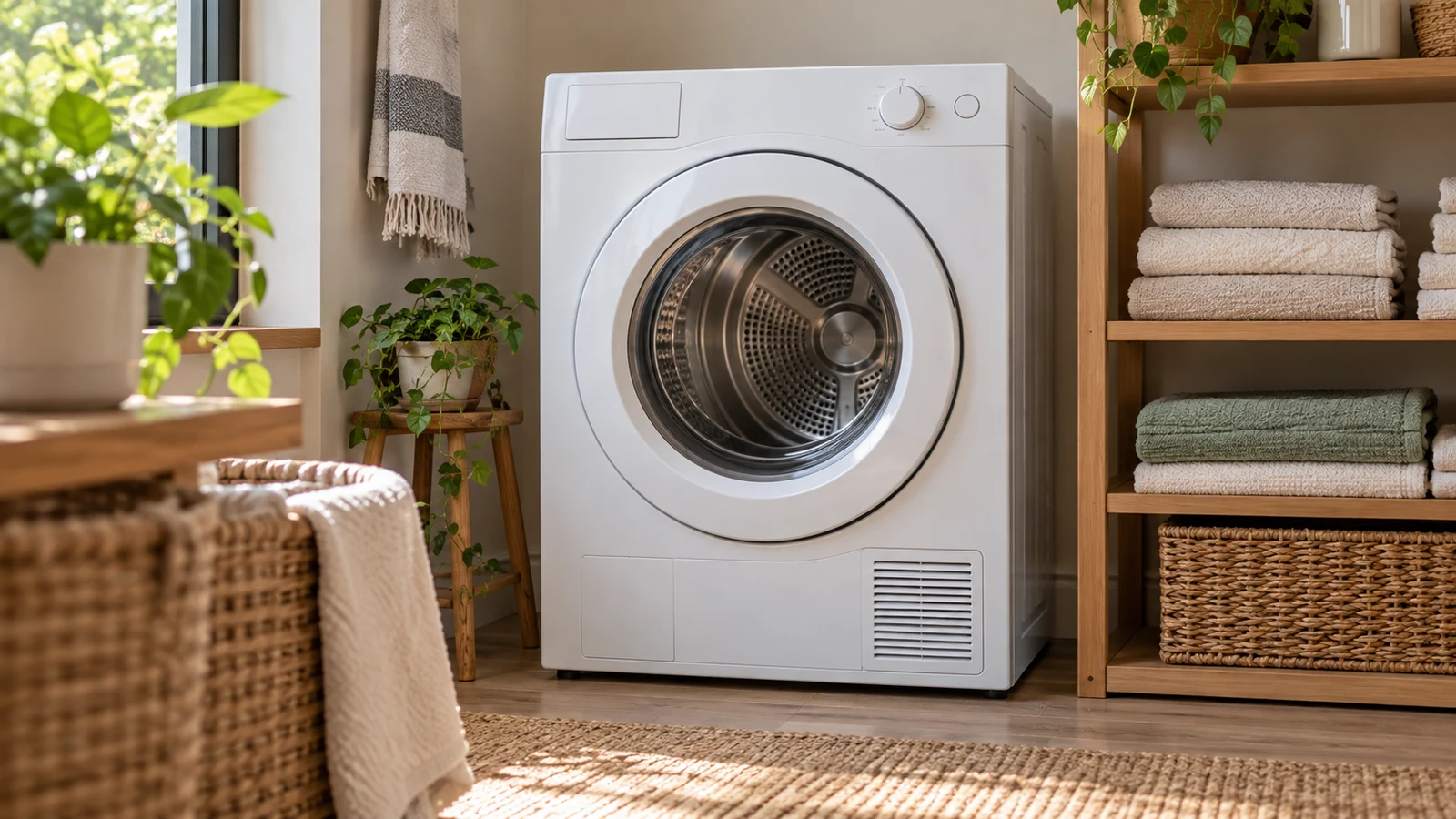 Panda dryer PAN760SF: A white front-loading dryer stands beside wooden shelves holding folded towels and a woven basket.