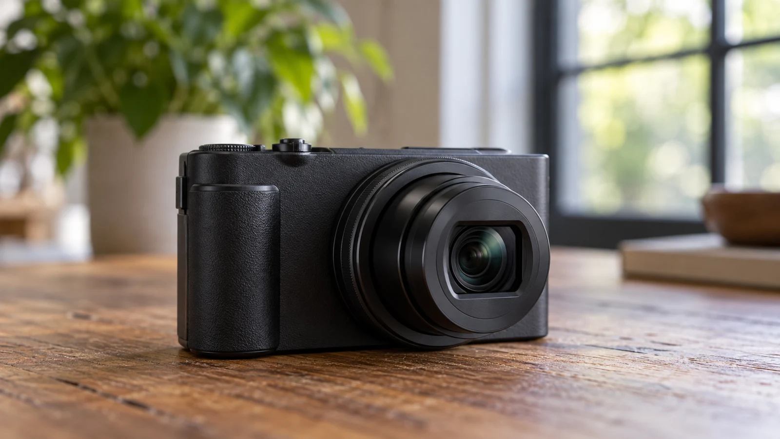 Sony ZV-1 II background blur checks: An unbranded camera rests on a wooden table before a blurred plant and window.