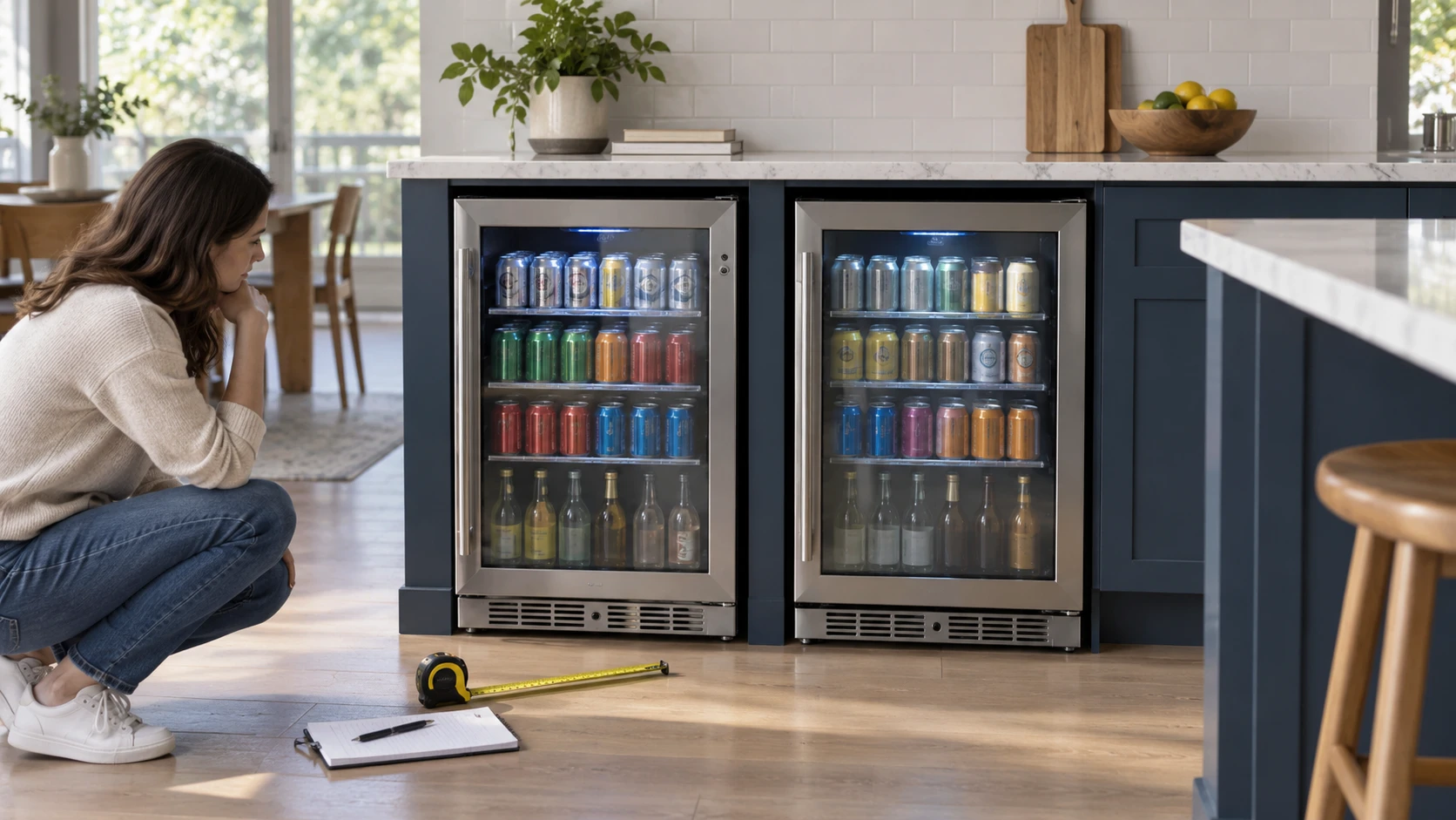 For Yeego YEG-BS24 beverage cooler, weigh cabinet height, door depth, temperature range, shelf access, front ventilation, and support.