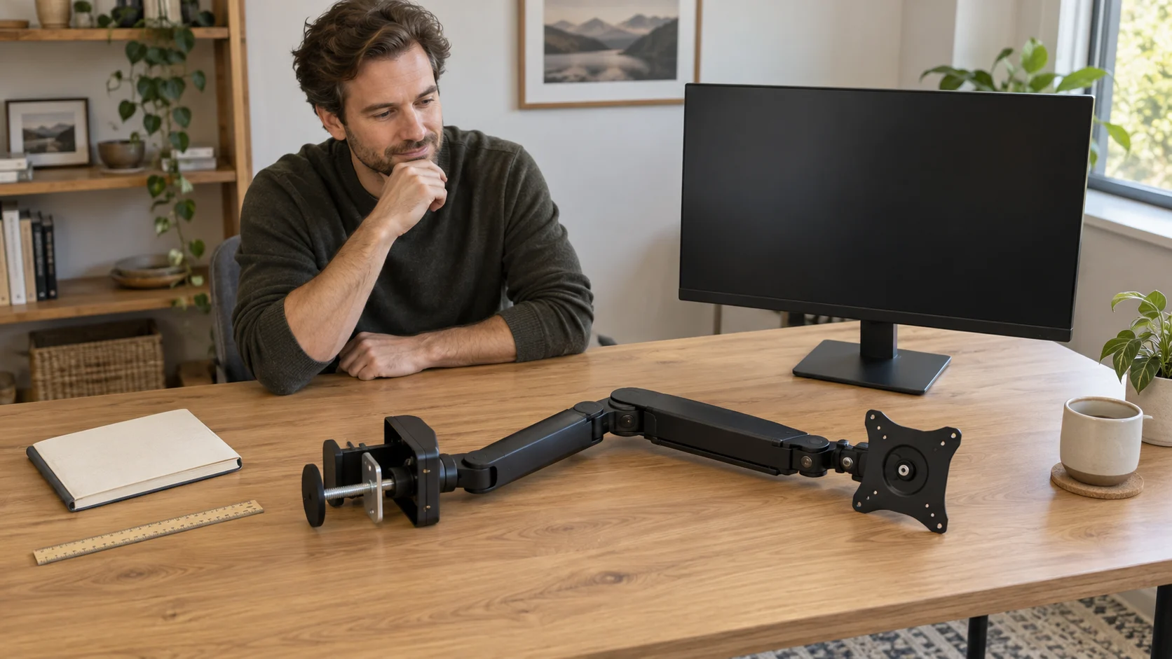Monitor arm compatibility illustrated by a complete generic arm laid separately on a desk from a whole monitor on its original stand, with a notebook and ruler nearby.
