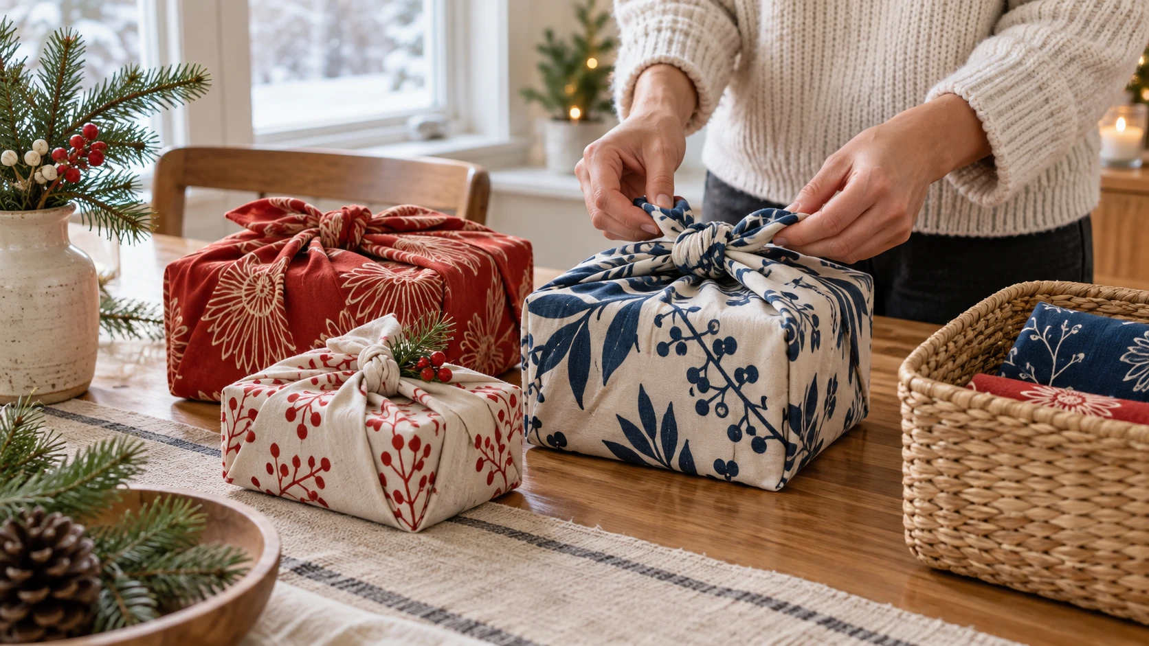 Three gifts in fabric gift wrap on a holiday table while a person ties a blue botanical cloth and keeps extra wraps nearby.