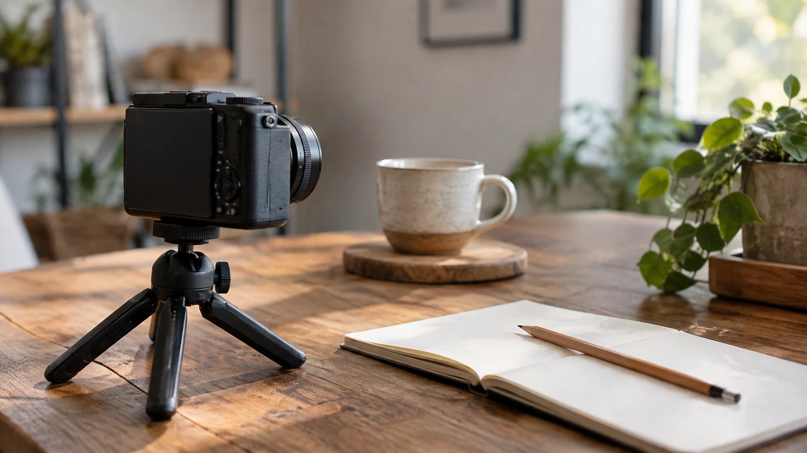 Sony ZV-1 II pickup shots: A camera on a tabletop tripod faces a ceramic cup beside an open notebook.