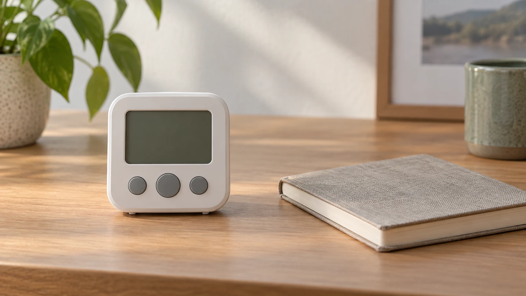 Countdown timer not beeping concept with a whole generic inactive digital timer beside a closed notebook on a desk.
