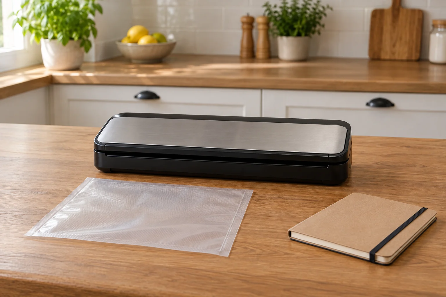FM2435 bag not vacuuming concept with a complete generic inactive countertop sealer, a whole empty pouch and a closed blank notebook on a kitchen table.