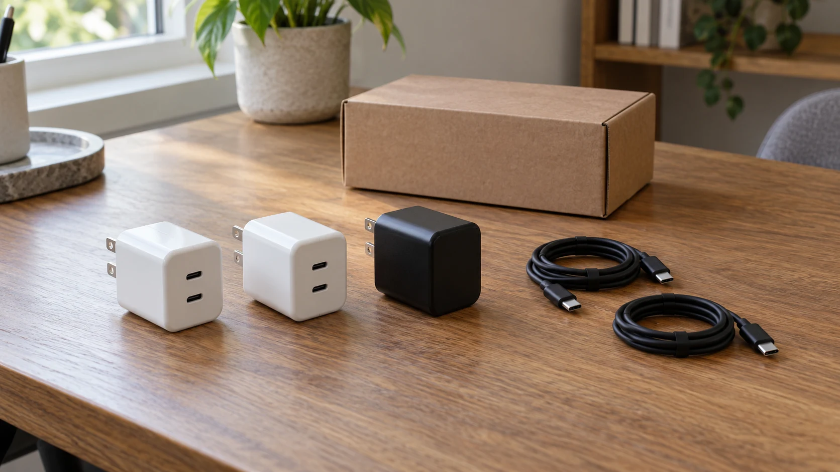 USB-C charger pack counts and port counts illustrated by whole generic charger blocks, separate cables and an unmarked box; no exact retail inventory, hidden-port claim or charging result.