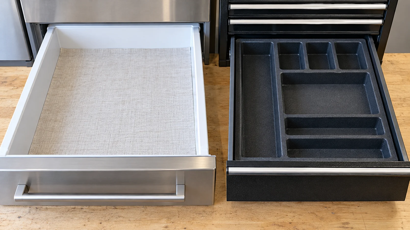 drawer liner sheet versus fitted insert shown in two open drawers: flat cloth covering one base and a deep shaped organizer filling the other.