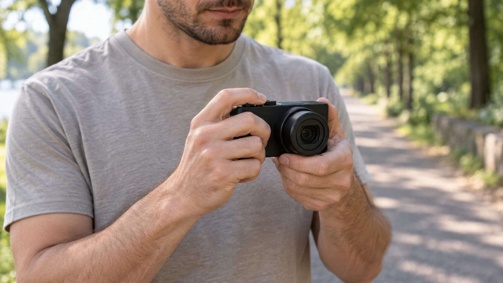 Sony ZV-1 II handheld video steadiness checks: A person holds a black compact camera with both hands beside a tree-lined path.