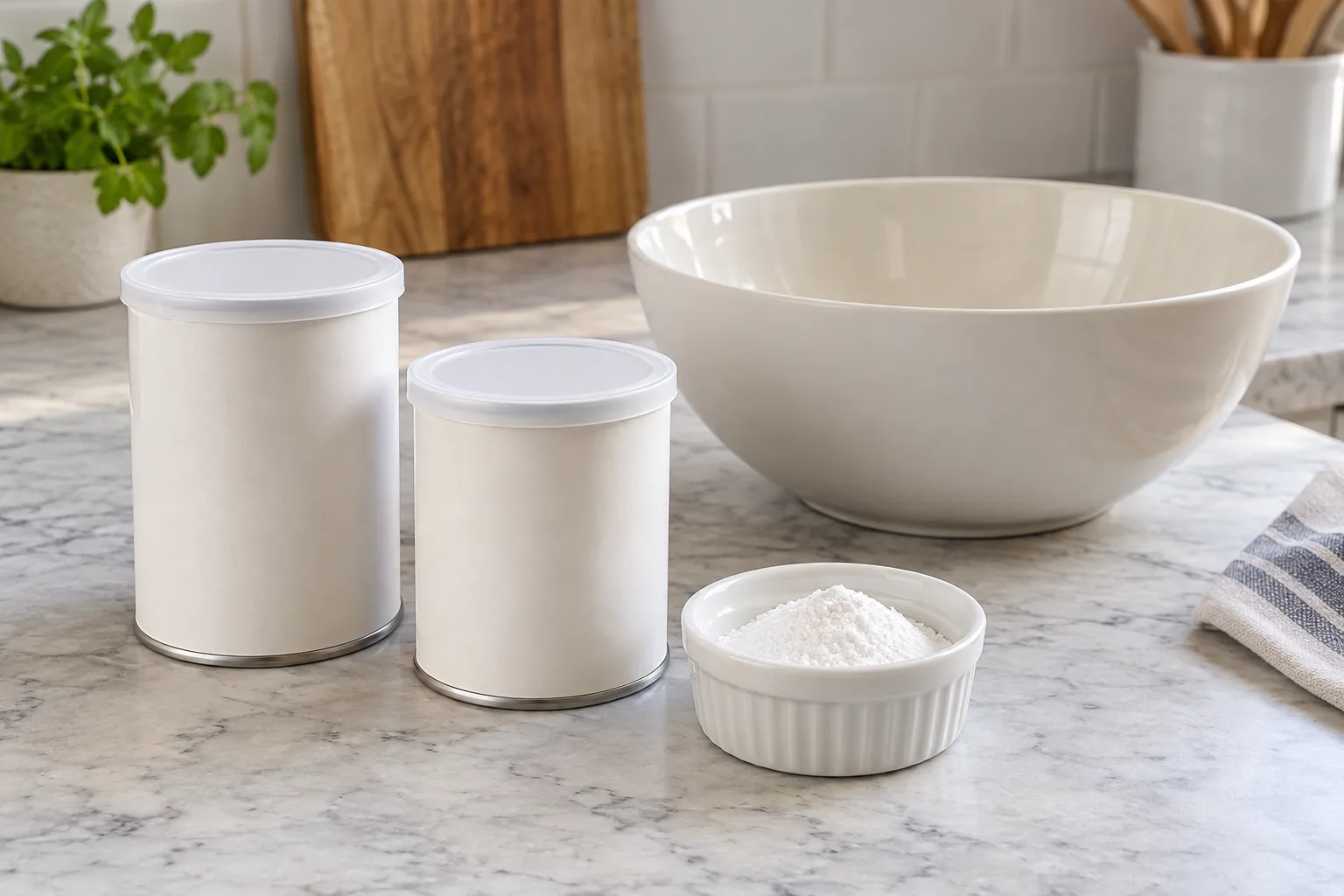 Baking powder ingredients beside a mixing bowl and closed ingredient containers on a kitchen counter.