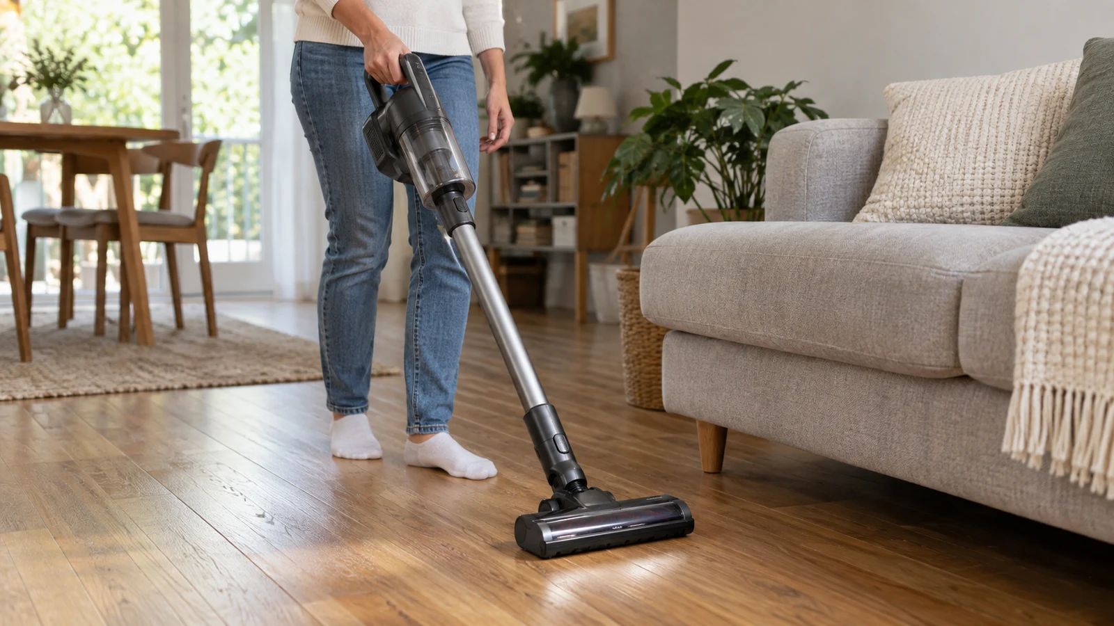 cordless vacuum handling checks: A person holds a cordless stick vacuum on a wooden floor beside a gray sofa.