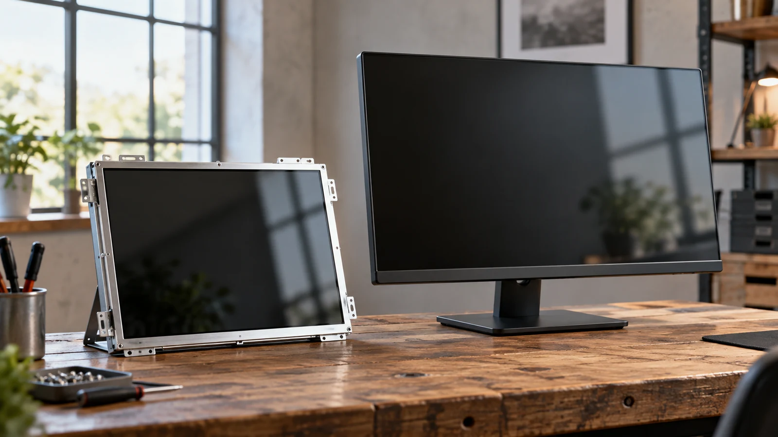 Greentouch Home GT-TM150 open-frame touch monitor: Two blank monitors stand on a wooden workbench.