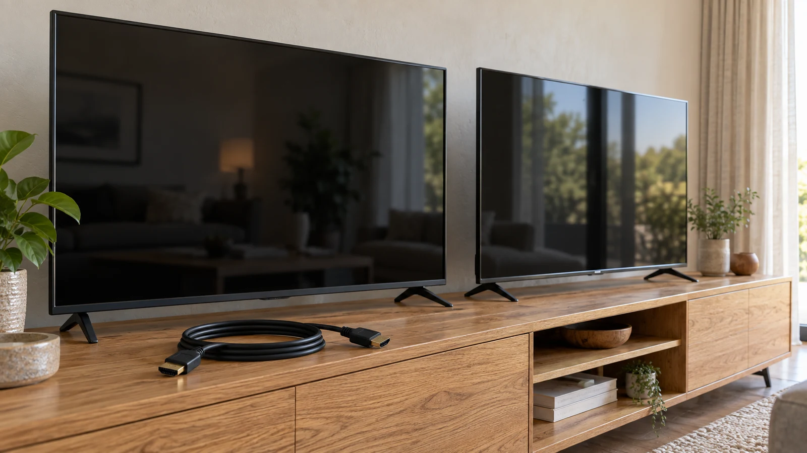 Philips 40-inch Roku vs LG UA77 TV: Two dark-screen televisions and a coiled cable sit on a wooden console.