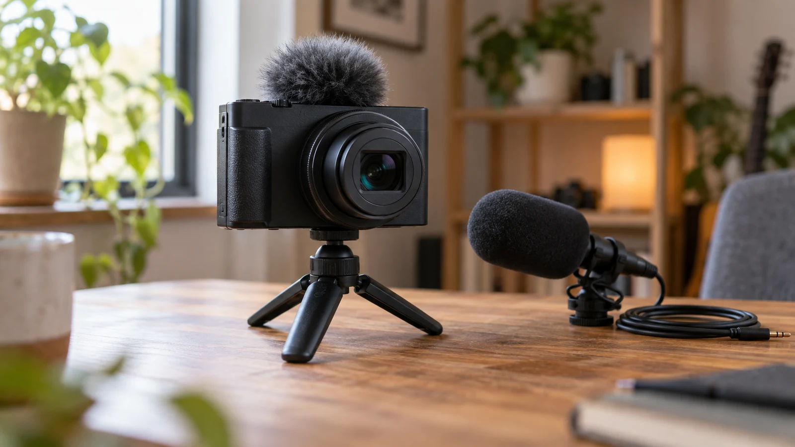 Sony ZV-1 II recording level checks: A black camera on a small tripod stands beside a microphone on a wooden desk.