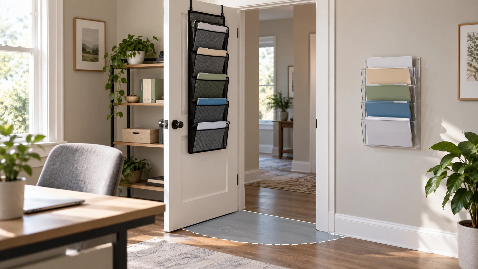 over-door file organizer clearance check at a doorway, compared with a separate wall-pocket location outside the door swing