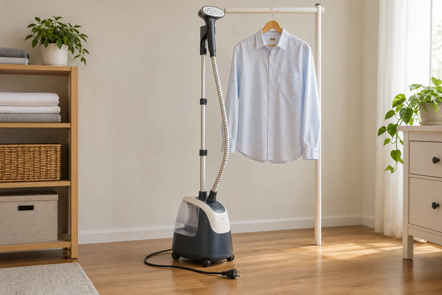 Conceptual cover of garment steamer spitting water, showing an inactive upright steamer and a hanging garment.