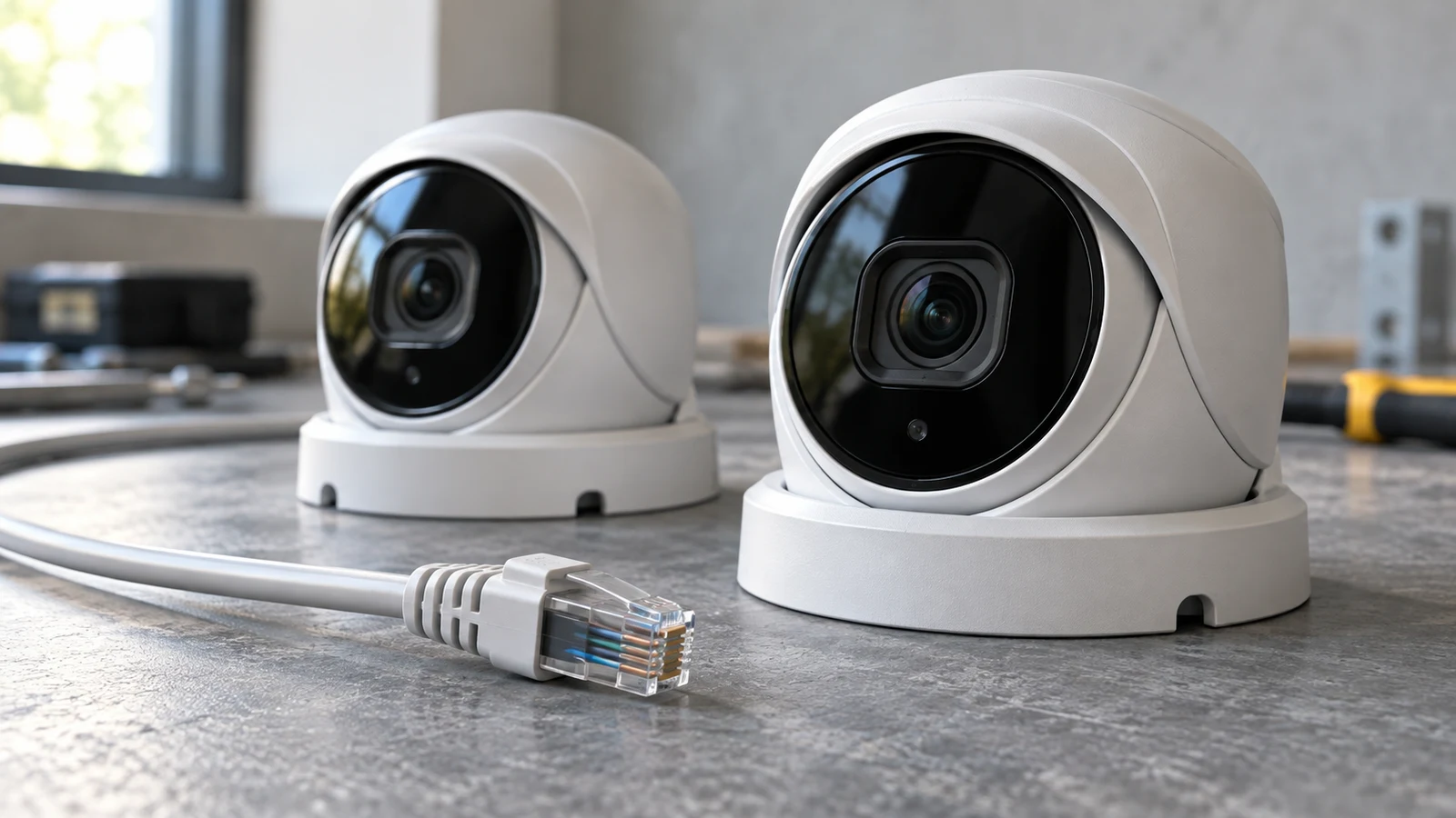 PROVISION ISR: Two white turret cameras and an Ethernet connector rest on a gray workbench.