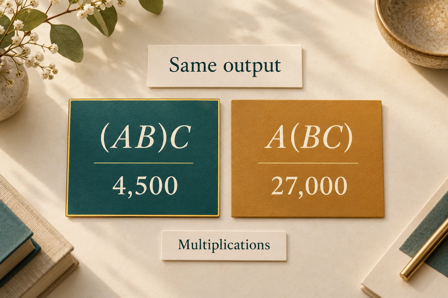 Matrix chain operation cost compares two legal groupings of three conformable arrays, highlighting the smaller declared multiplication count for the same output.
