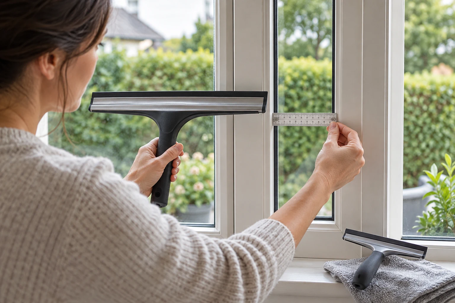 A window squeegee head cannot reach a narrow pane edge as a person measures the clear glass width beside a broad handheld blade.