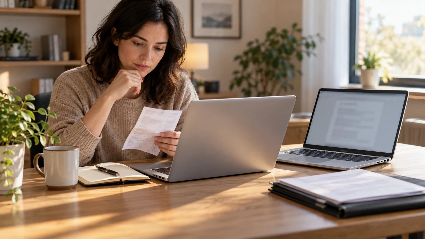 HP ProBook 460 G11 vs MSI Prestige A16 AI+ buying guide illustrated by a buyer reviewing paperwork beside two generic silver laptops and a notebook; a conceptual scene, not the actual retail models.