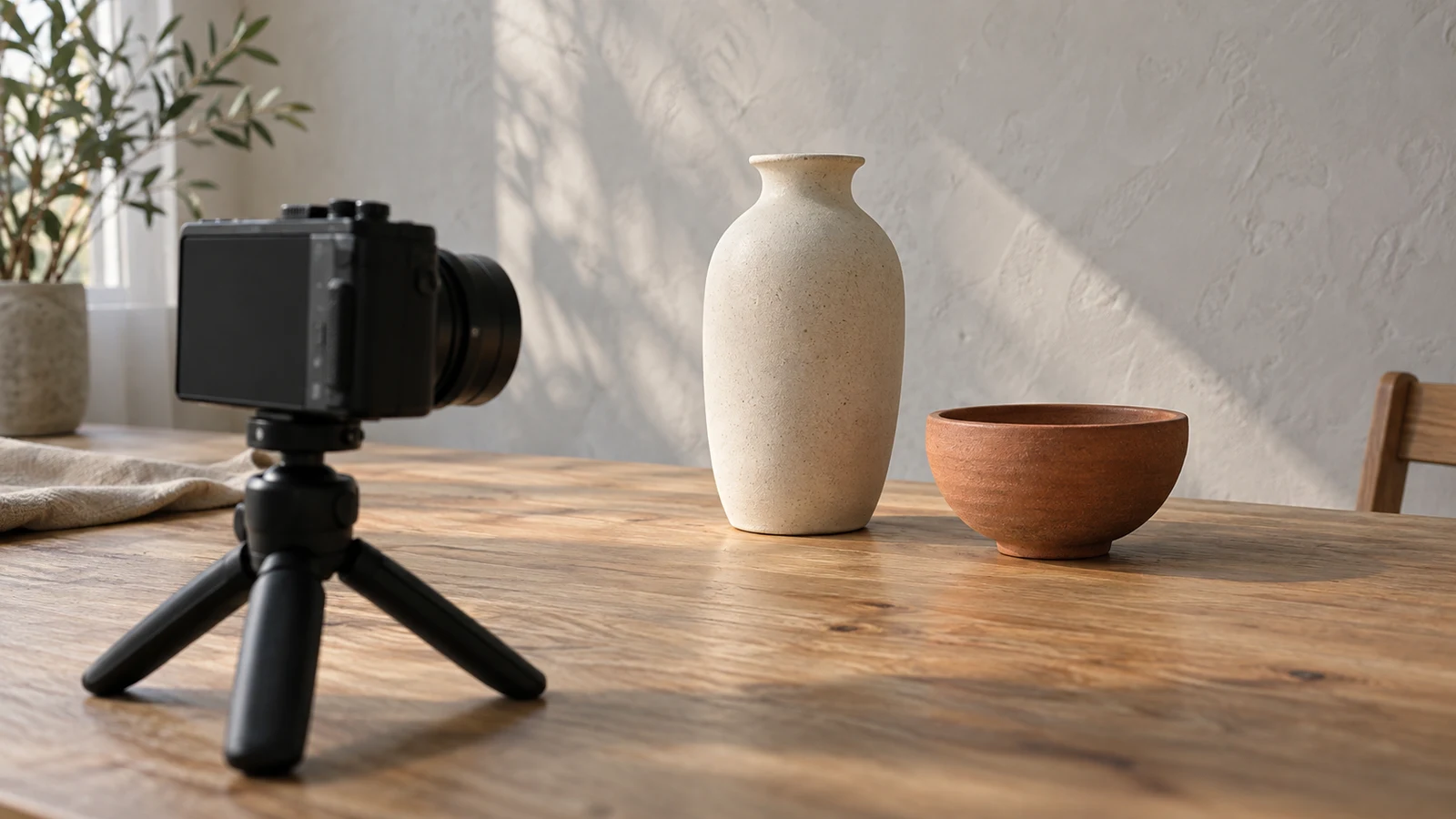 Sony ZV-1 II visual balance planning: A camera on a tripod faces a cream vase and terracotta bowl on a wooden table.