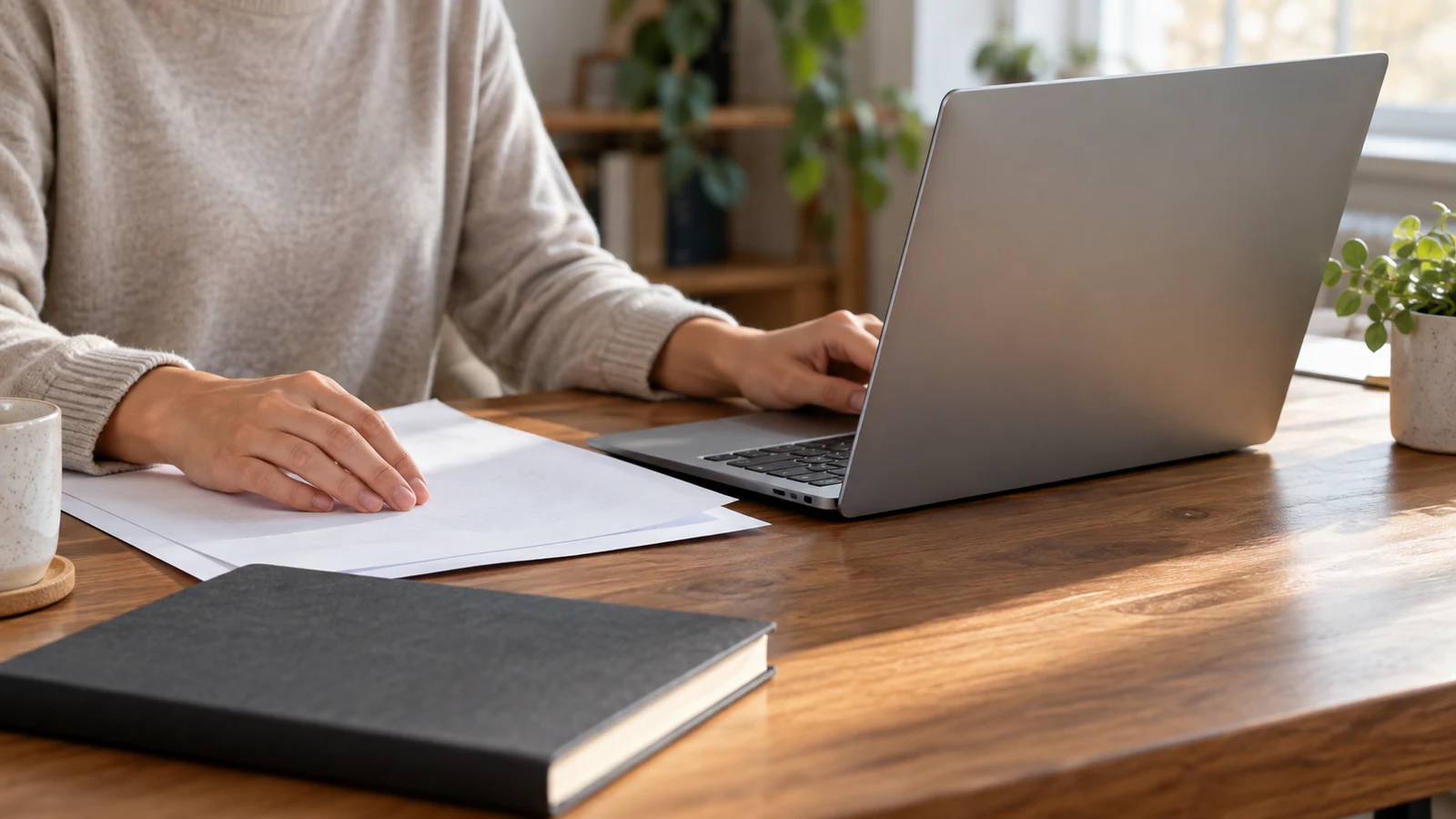 Dell Inspiron PDF password protection checks: A person rests one hand on papers beside an unbranded laptop on a wooden desk.