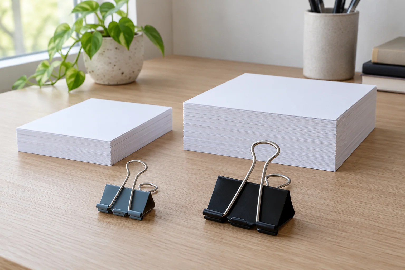 Papers slipping from binder clips concept with two complete generic inactive clips and separate whole plain paper stacks on a desk.