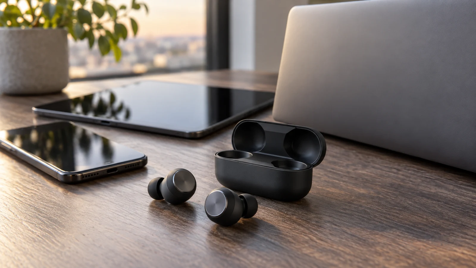 Technics EAH-AZ100 earbuds: Two unbranded earbuds and an open case sit beside a phone, tablet and laptop on a wooden desk.