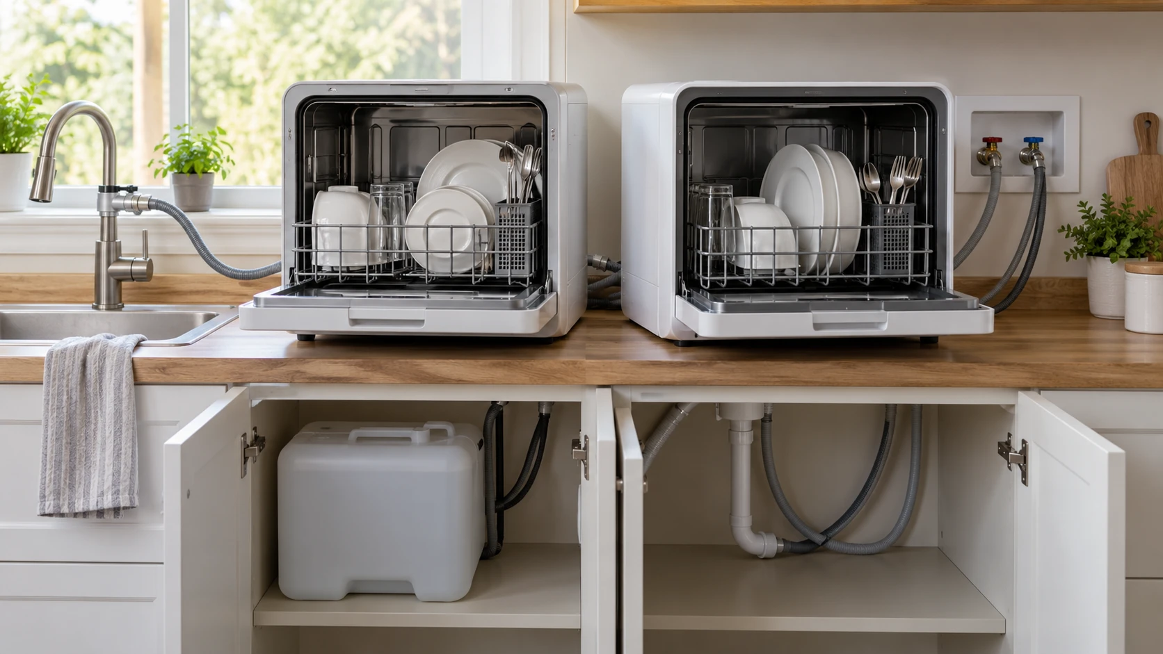 For Wuzstar portable countertop dishwasher, weigh tank and line connections, cabinet fit, programs, drying claims, and installation questions.
