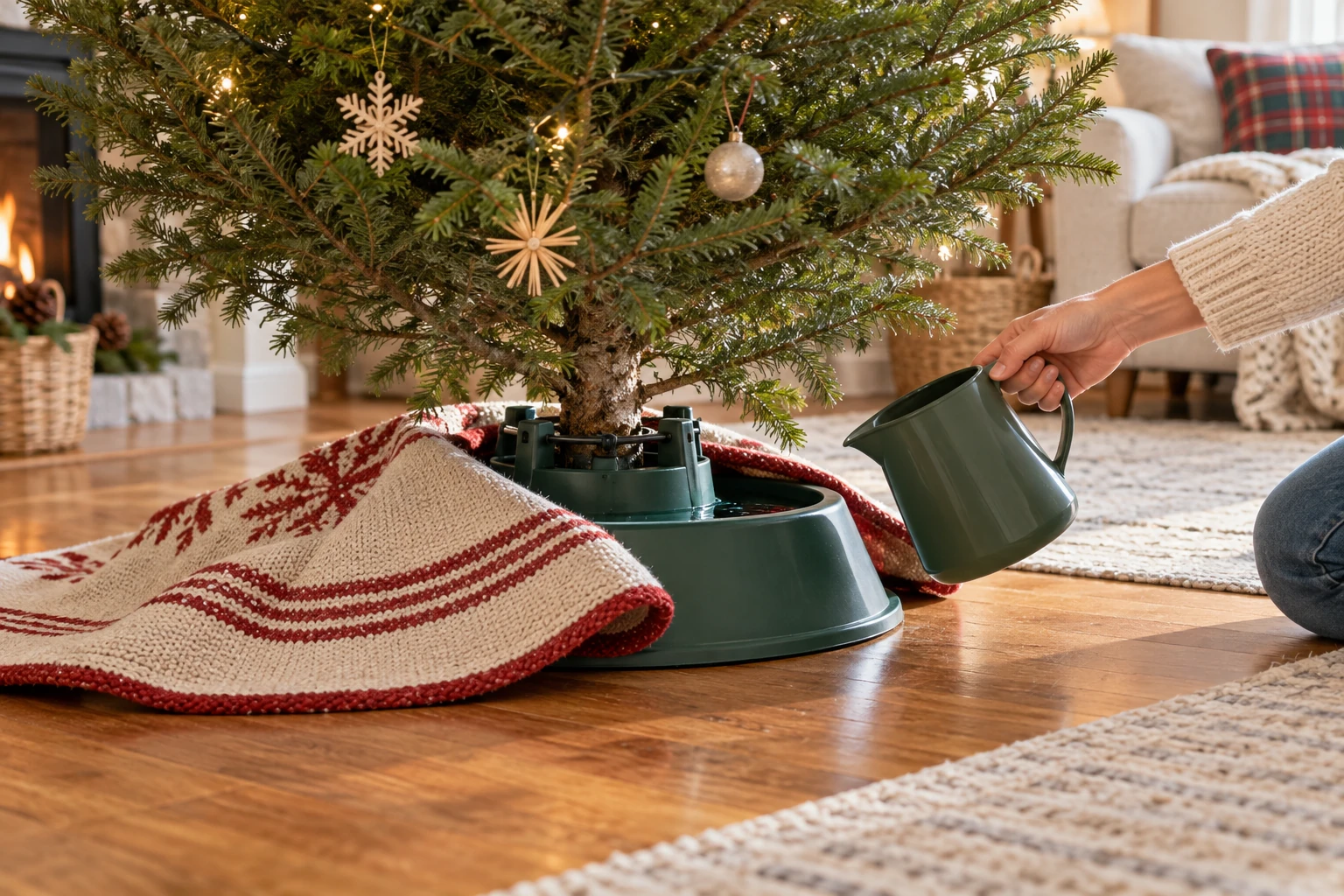 Live Christmas tree water access beside a green stand, with the skirt folded clear and a small watering pitcher held near the opening.
