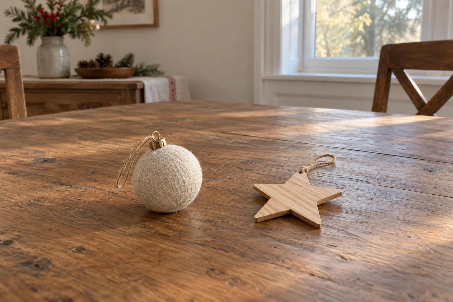 Choosing Christmas ornaments concept with one complete generic textured round ornament and one whole plain wooden star resting separately on a dining table.