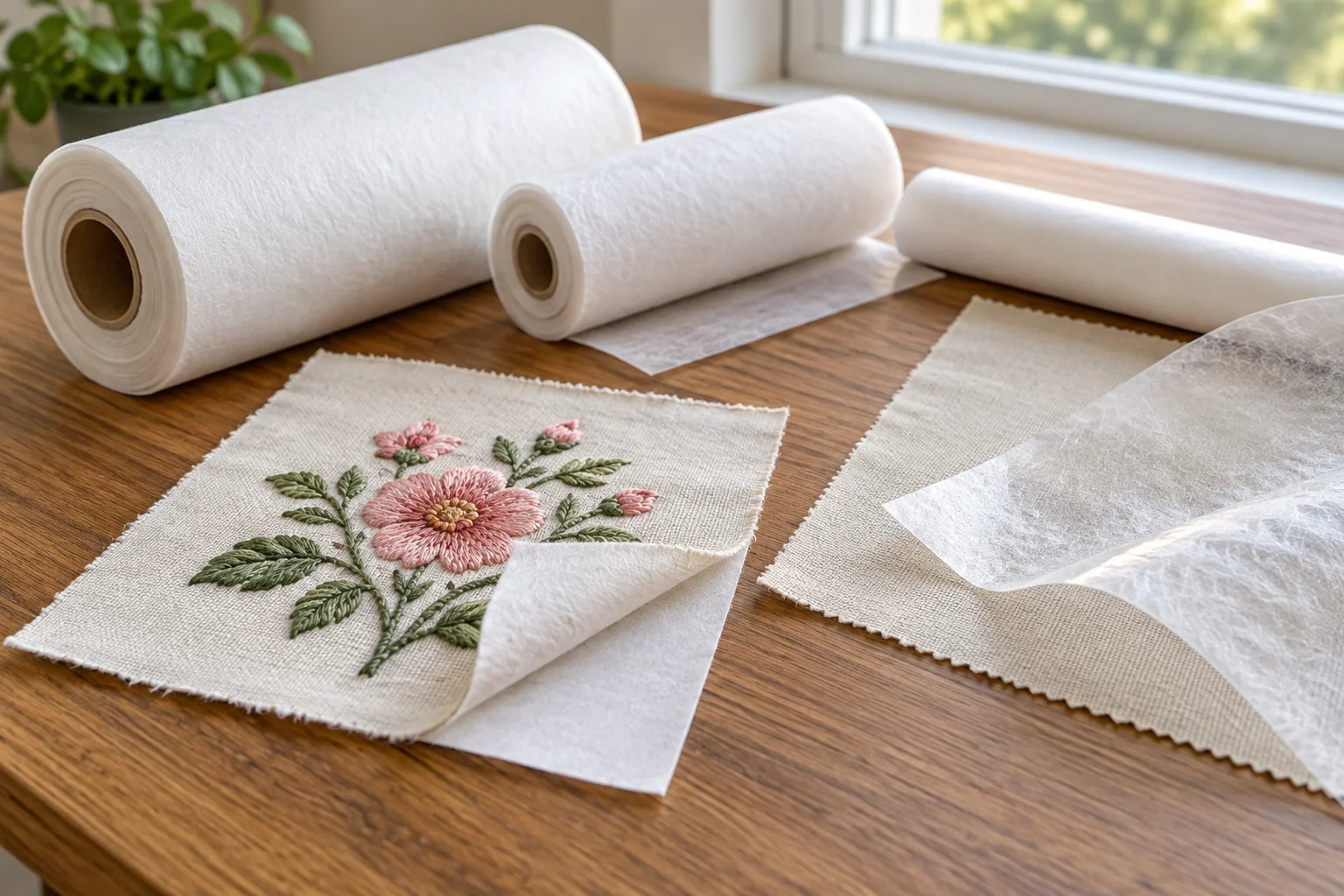 Embroidery stabilizer types illustrated by generic sewing materials, showing support underneath an embroidery sample and a separate topping above it.